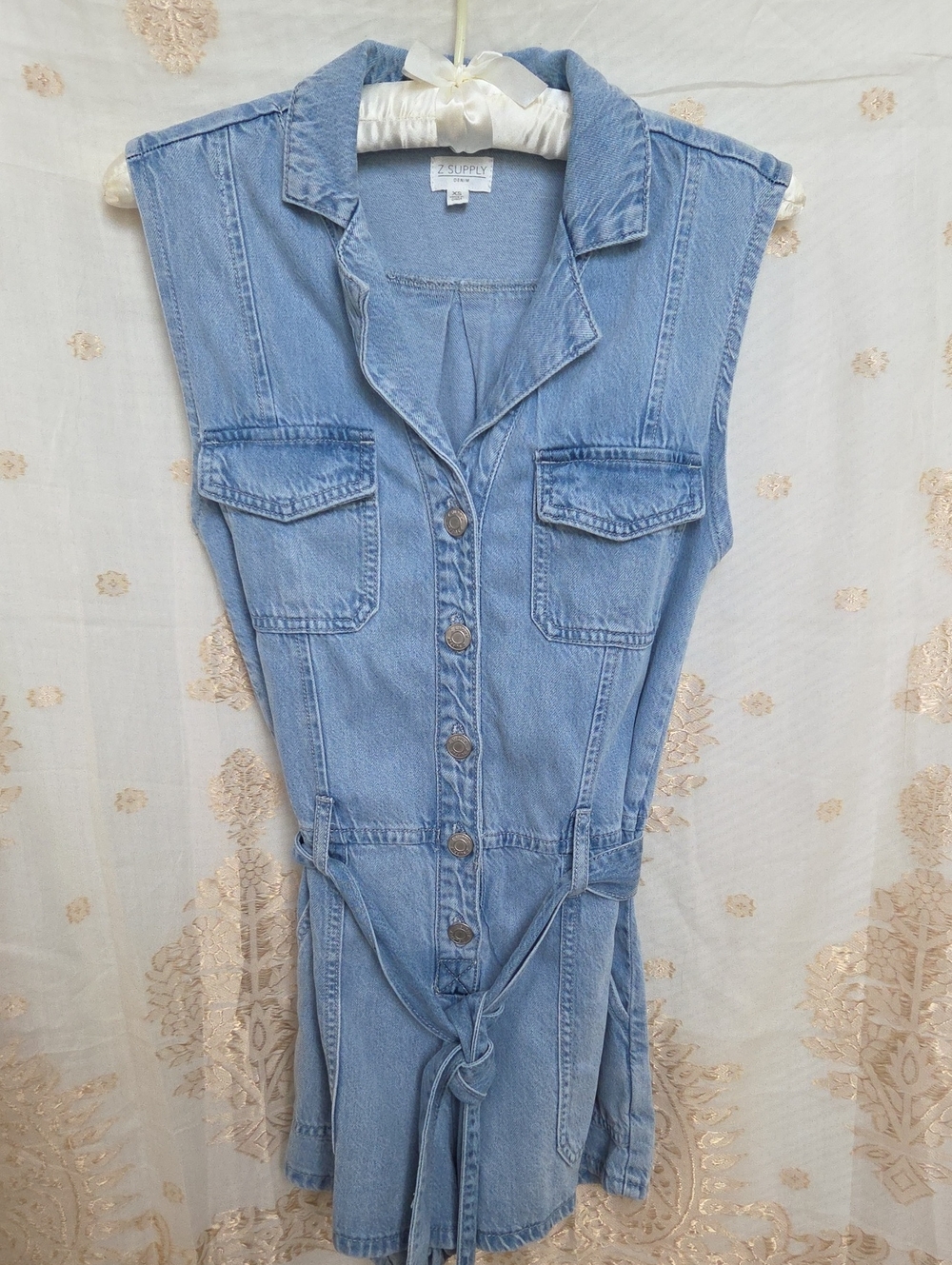 Z Supply Light Blue Sleeveless Denim Romper with Tie Waist - XS